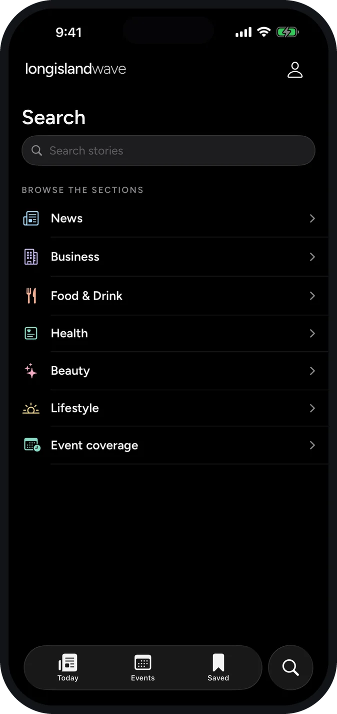 The Search screen: a search field above the list of sections to browse.
