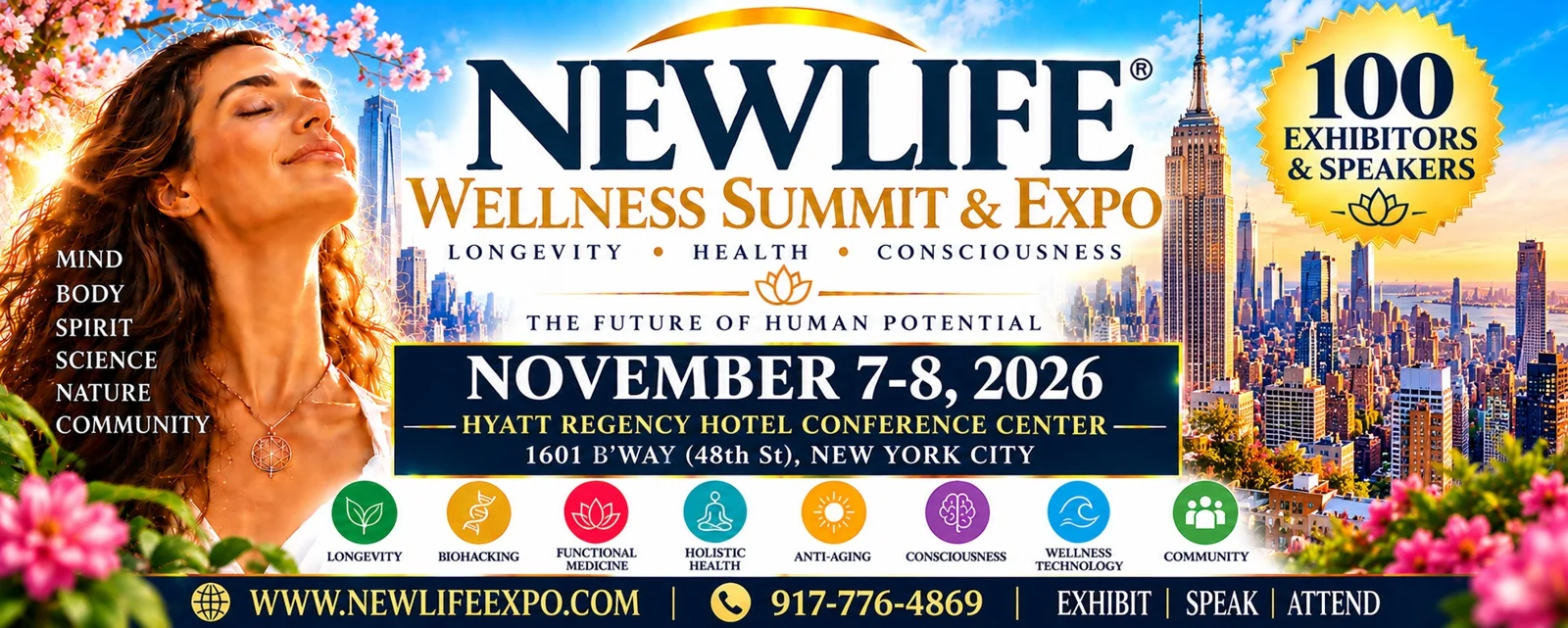 NEWLIFE Wellness Summit and Expo banner: November 7 to 8, 2026 at the Hyatt Regency Hotel Conference Center, 1601 Broadway, New York City, with 100 exhibitors and speakers
